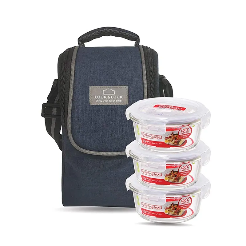 Airtight Glass Food Containers Lunch Box with Blue Bag | 380ml | Set of 3