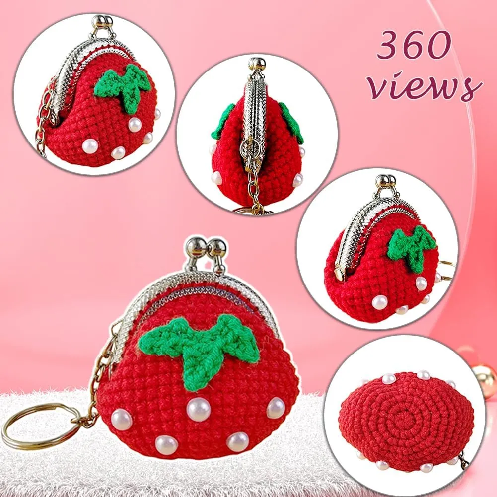 Cute Mini Coin Pouch - Crochet Strawberry Coin Purse Keychain for Women, Tiny Knitting Bag Charms