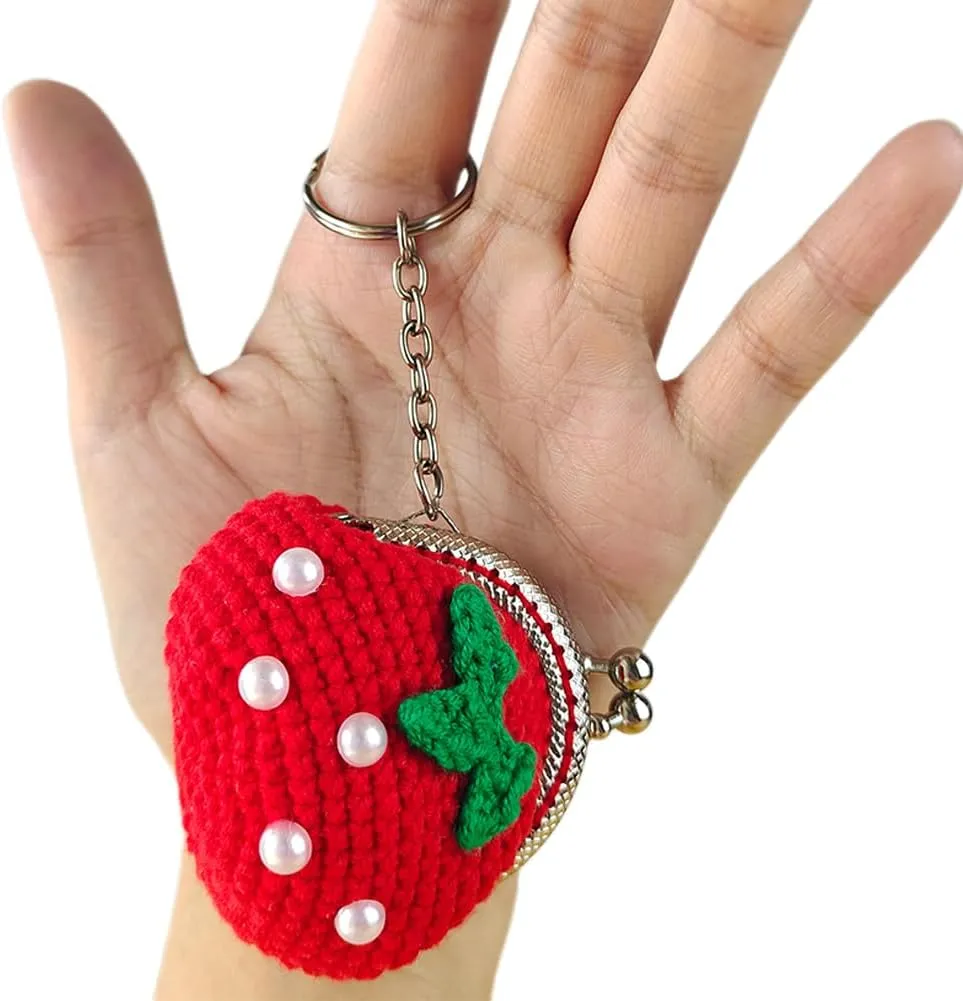 Cute Mini Coin Pouch - Crochet Strawberry Coin Purse Keychain for Women, Tiny Knitting Bag Charms