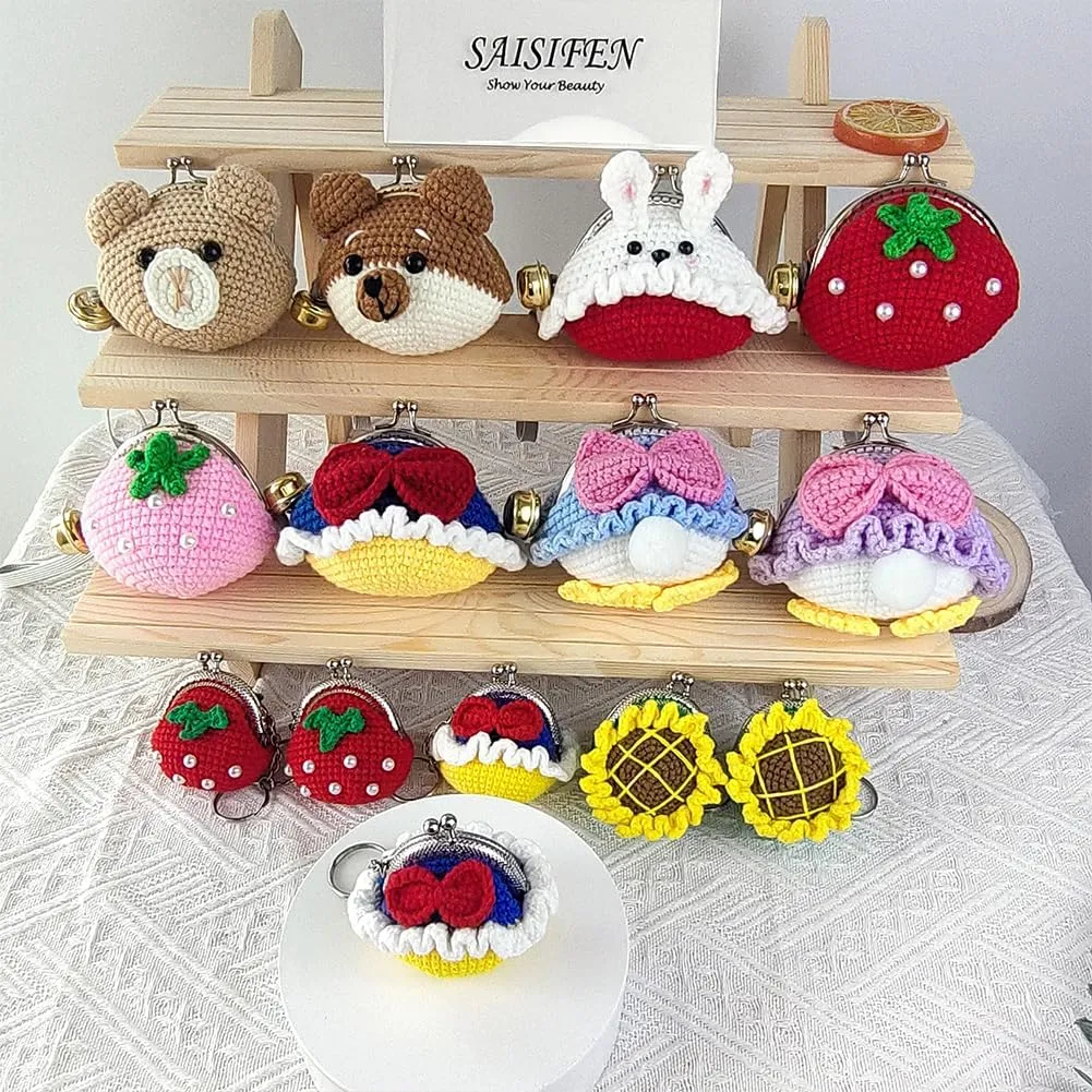 Cute Mini Coin Pouch - Crochet Strawberry Coin Purse Keychain for Women, Tiny Knitting Bag Charms