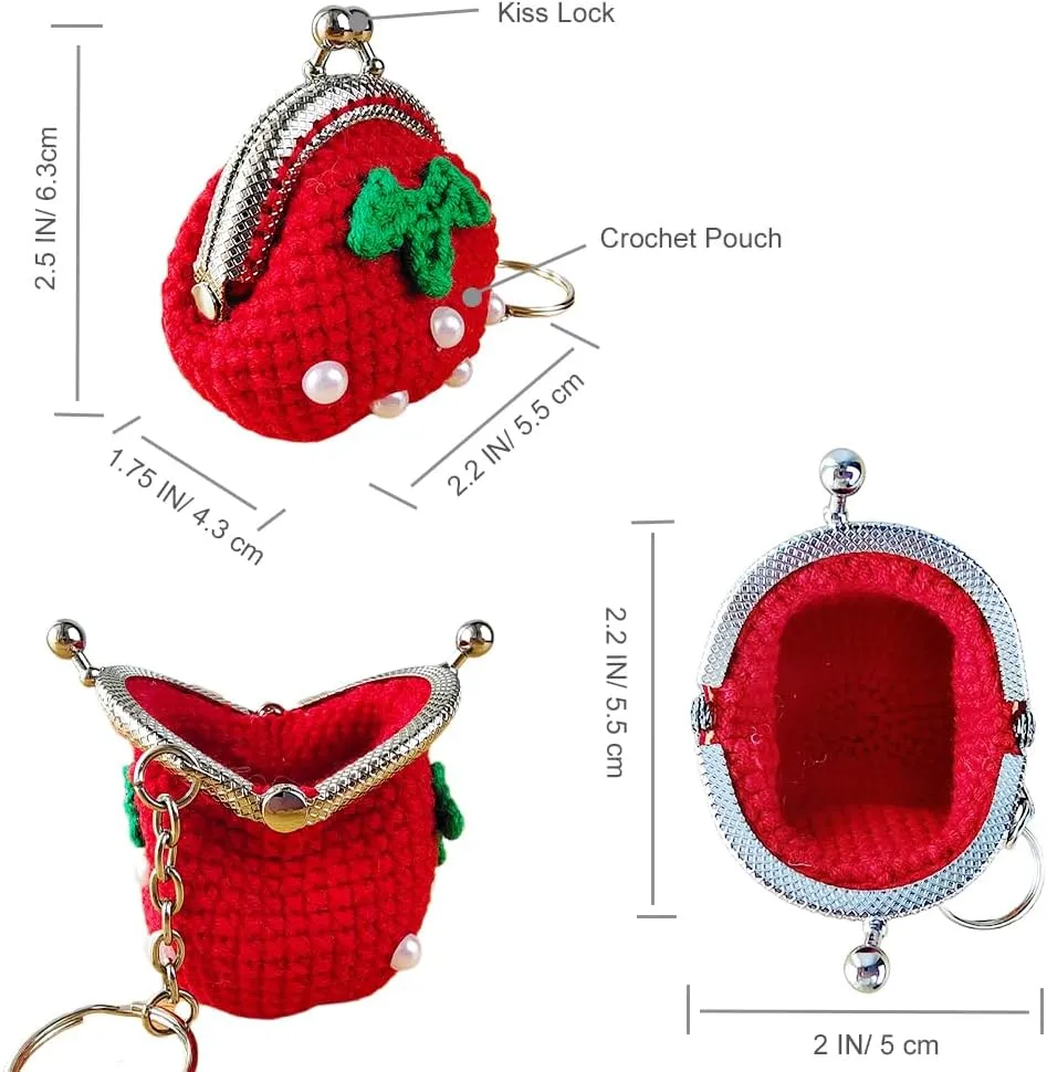Cute Mini Coin Pouch - Crochet Strawberry Coin Purse Keychain for Women, Tiny Knitting Bag Charms