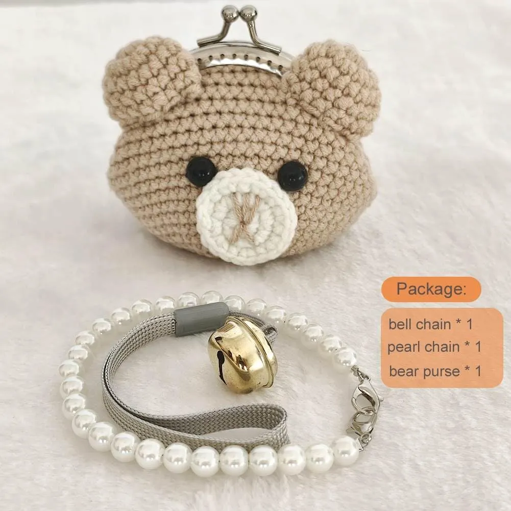 Cute Small Coin Pouch - Crochet Brown Bear Coin Purse for Women, Kiss Lock Change Purse Mini Knitting Bag