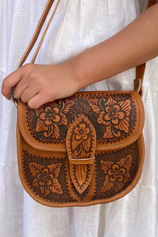 FLOWER SADDLE BAG VINTAGE TAN