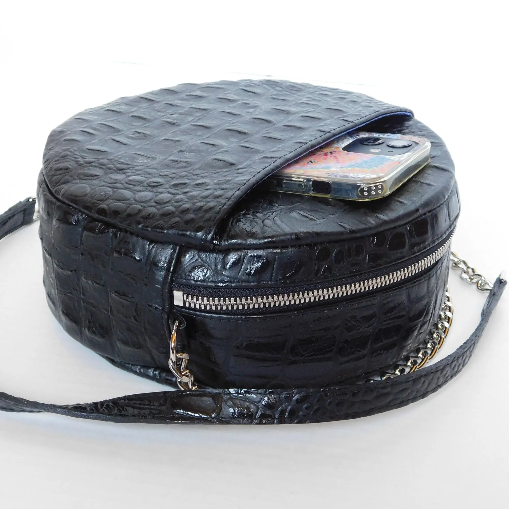 Leather Circle Crossbody Purse - Classic Black