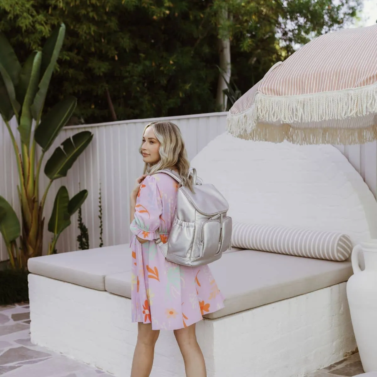 OiOi Vegan Leather Nappy Backpack - Metallic Silver Dimple
