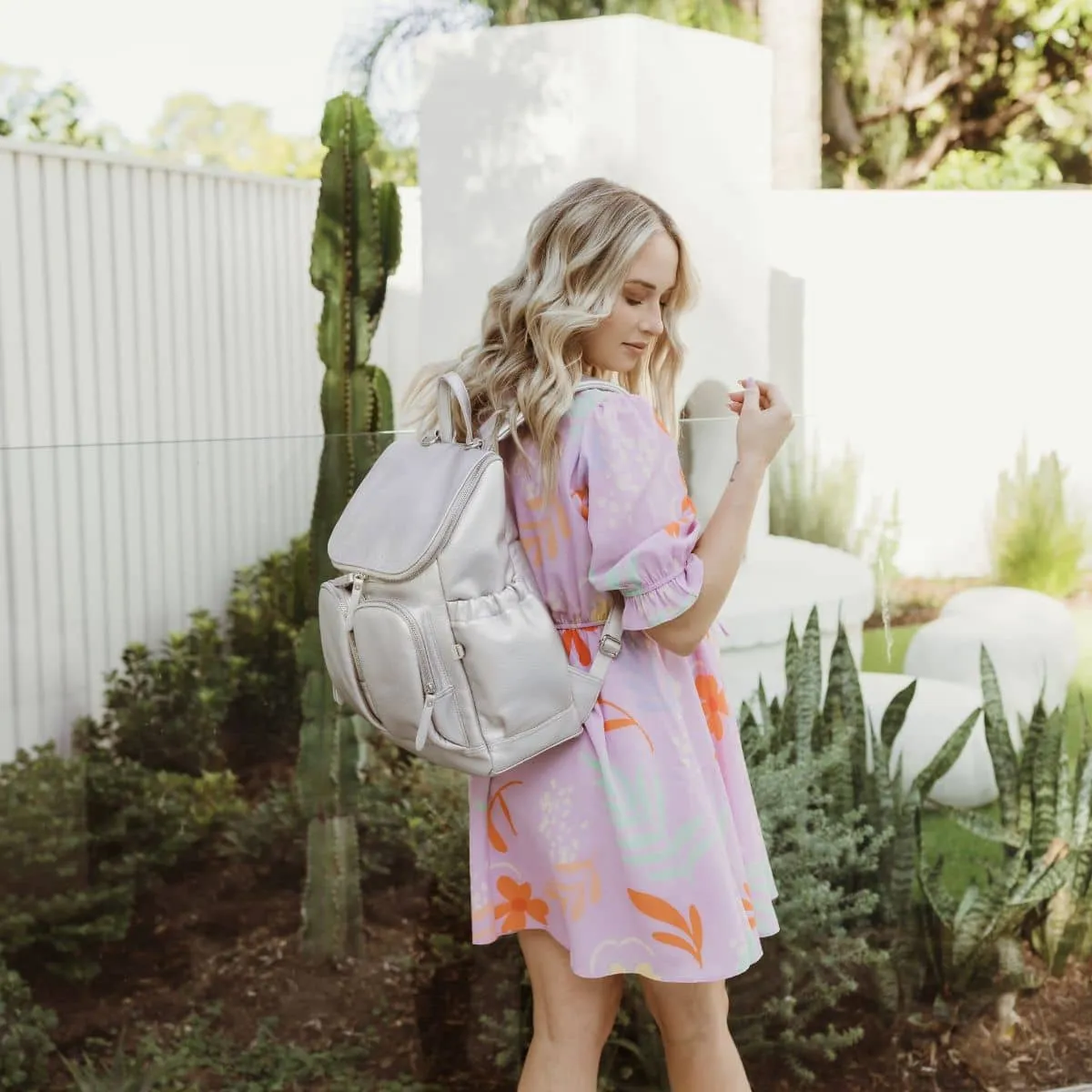 OiOi Vegan Leather Nappy Backpack - Metallic Silver Dimple